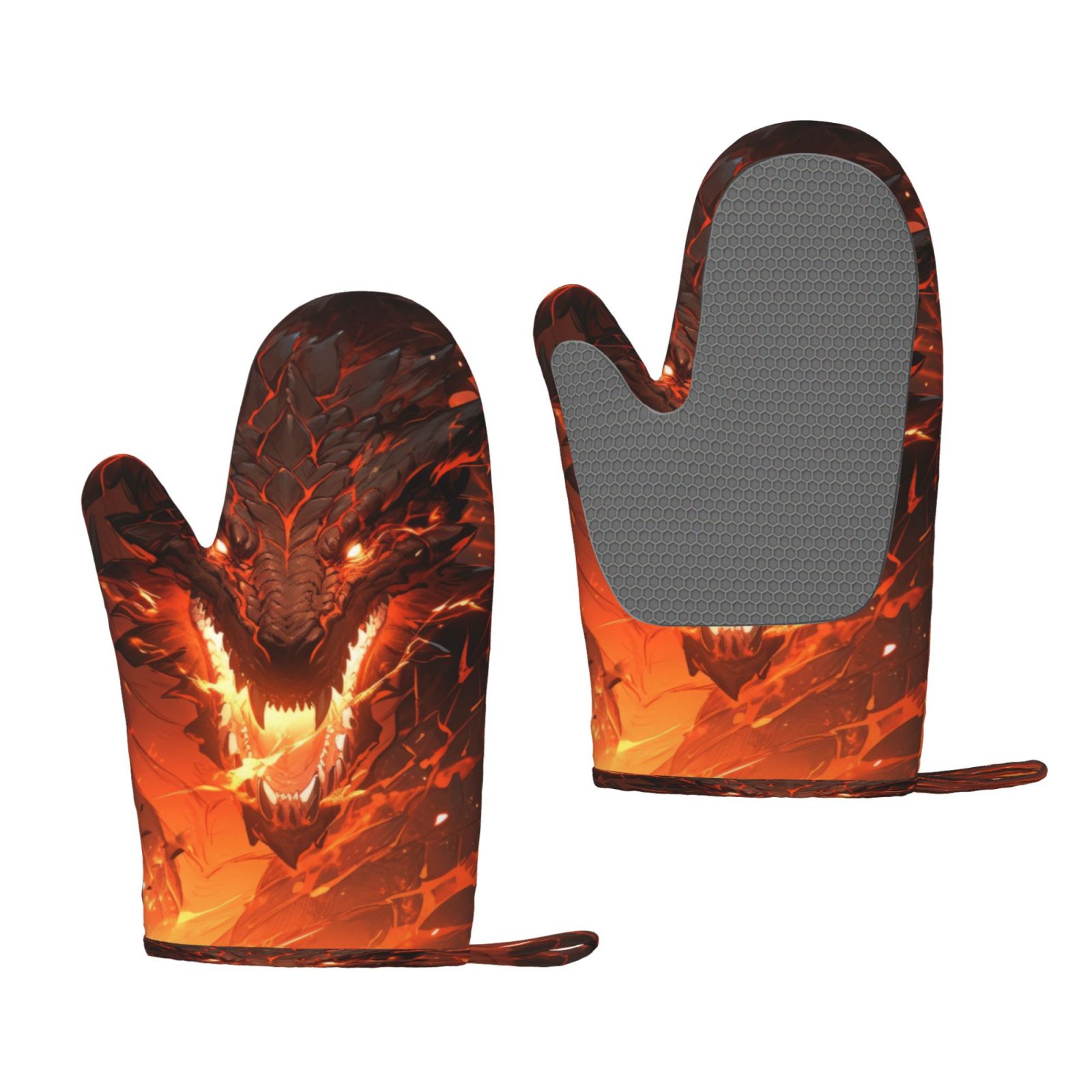 Hirioo Magma Fire Black Dragon for Silicone Oven Mitts for BBQ, Baking, Cooking, Set of 2, Heat Resistant 260℃, Non-Slip Kitchen Essentials