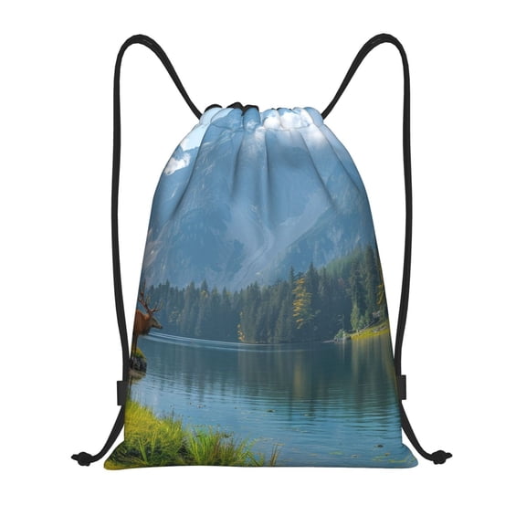 Hirioo Majestic Deer Mountain Lake Print Drawstring Backpack Bag Sport Versatile Sports Backpack for Gym, Travel, Swimming, Beach