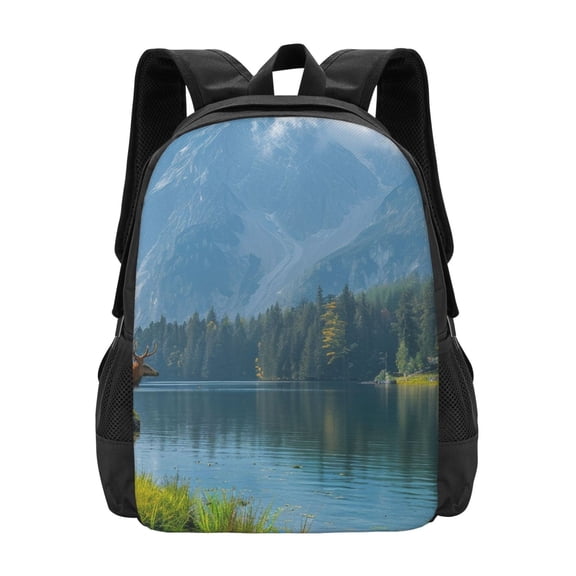 Hirioo Majestic Deer Mountain Lake for Minimalist Backpack Large Capacity Backpack Travel Backpack For School