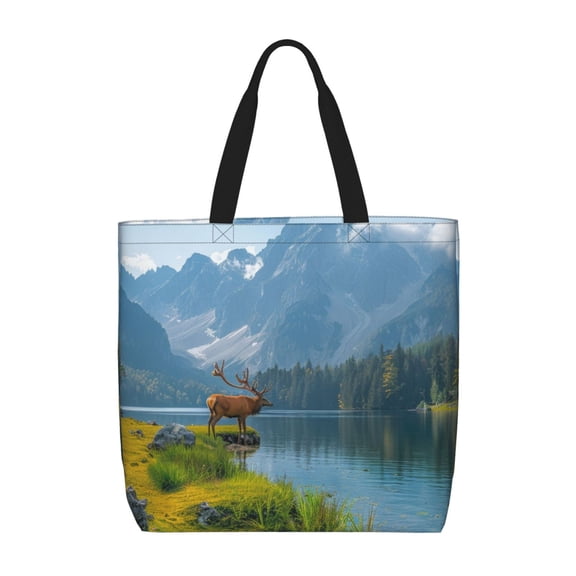 Hirioo Majestic Deer Mountain Lake for Tote Bag for Women, Quilted Shoulder Bag with Zipper, Large Capacity Handbags for Casual, Travel, Work