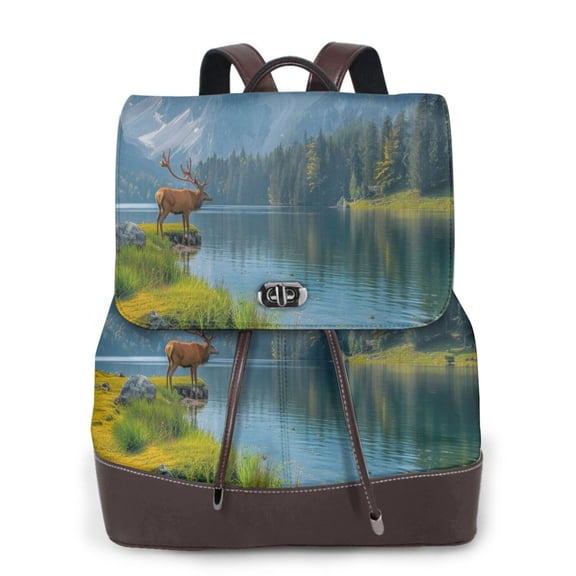 Hirioo Majestic Deer Mountain Lake for Womens Backpack Leather Backpack for Women Travel Fashion Bags,Perfect for Work, School, or Casual Outings