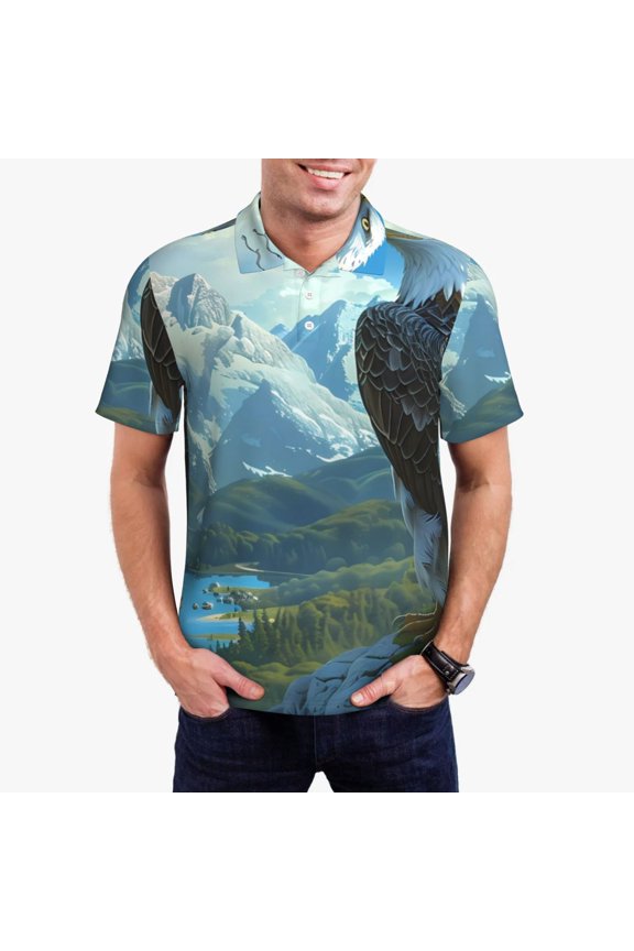 Majestic Eagle Over Castle for Men’s Polo Shirts Quick Dry Short Sleeve Golf T Shirt Performance Moisture Wicking Casual Workout,Sizes S-4XL-3X-Large