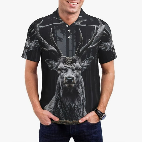 Hirioo Majestic Forest Stag for Men’s Polo Shirts Quick Dry Short Sleeve Golf T Shirt Performance Moisture Wicking Casual Workout,Sizes S-4XL-3X-Large