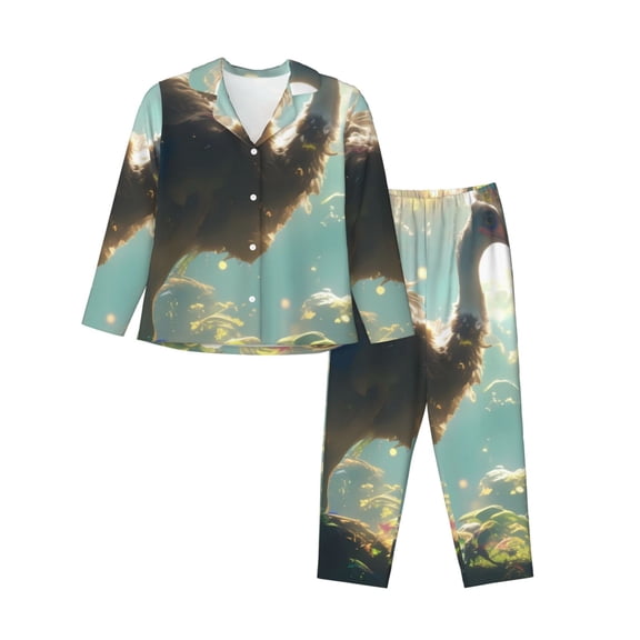 Hirioo Majestic Ostrich In Forest for Women's Pajama Sets 2 Piece Pjs Women's Long-Sleeved Pajama Set Button Down Sleepwear,S-XXL-X-Large
