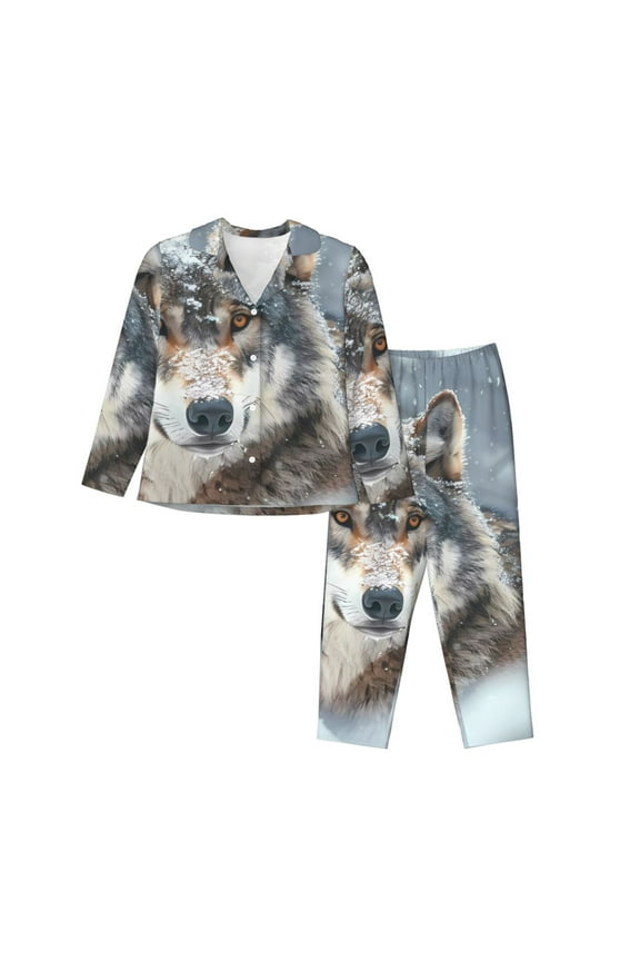 Majestic Snowy Wolf for Women's Pajama Sets 2 Piece Pjs Women's Long-Sleeved Pajama Set Button Down Sleepwear,S-XXL-Small