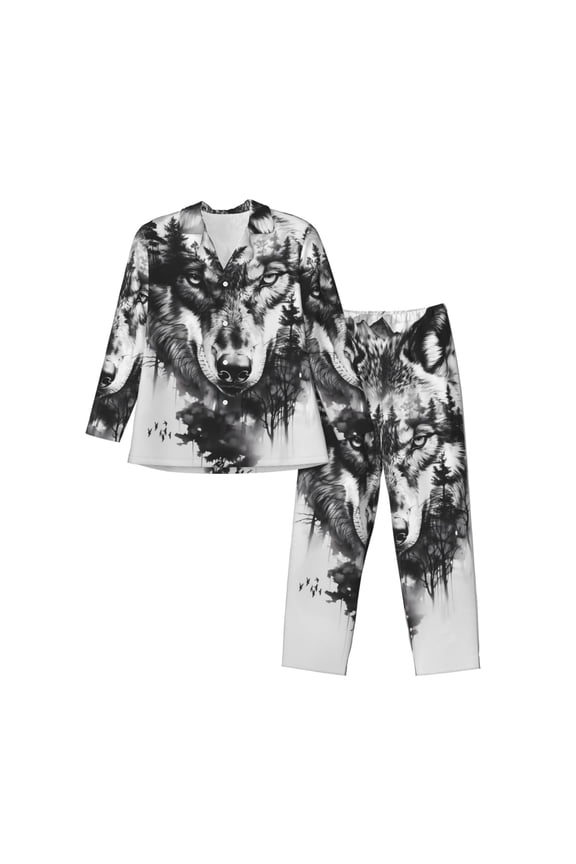 Majestic Wolf Landscape for Men's Pajama Sets 2 Piece Pjs Men's Long-Sleeved Pajama Set Button Down Sleepwear,S-XXL-Large