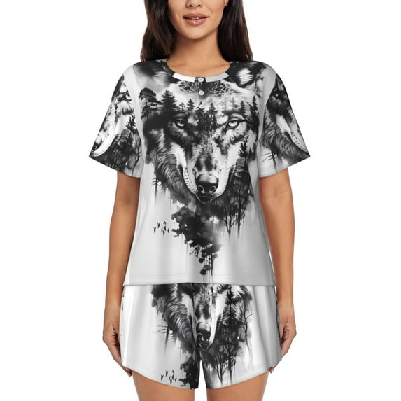 Hirioo Majestic Wolf Landscape for Women's 2 Piece Short-Sleeved Pajama PJ Sets for Women Shorts with Pockets Womens Lounge Set-Large
