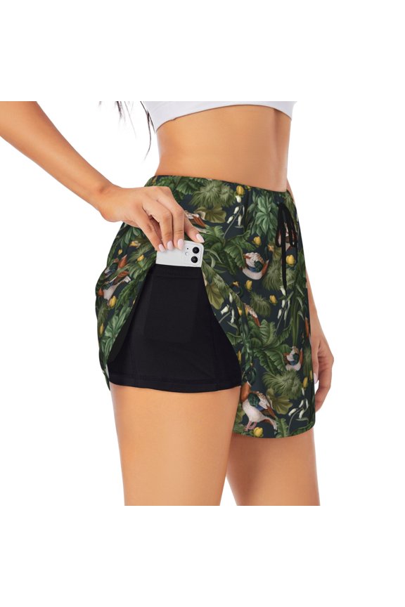 Mallard Ducks And Water for Women's Double Layer Athletic Shorts High-Performance Gym Shorts with Inner Pocket, Elastic Waistband-Large