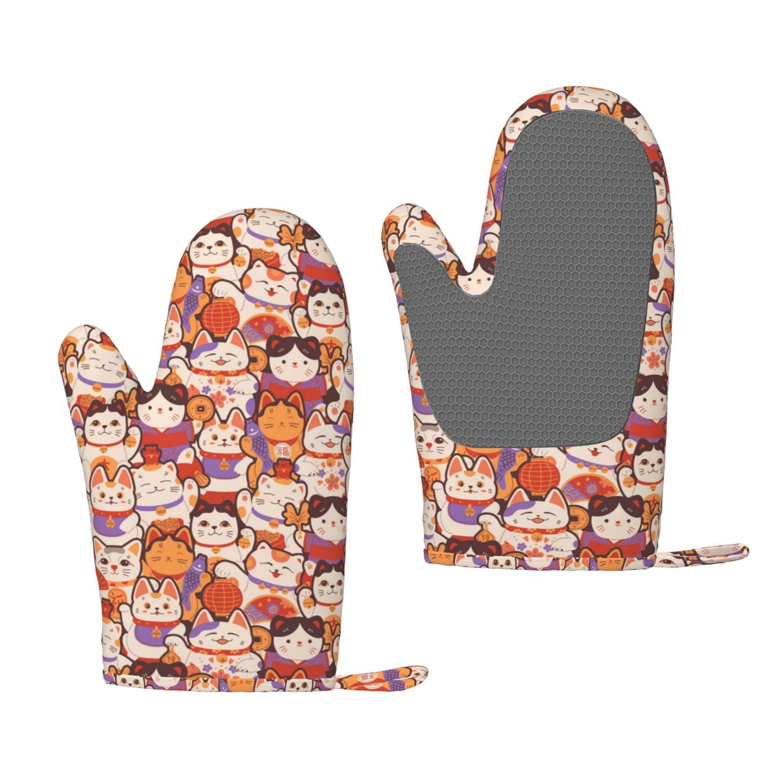 Hirioo Maneki-Neko Cats for Silicone Oven Mitts for BBQ, Baking, Cooking, Set of 2, Heat Resistant 260℃, Non-Slip Kitchen Essentials