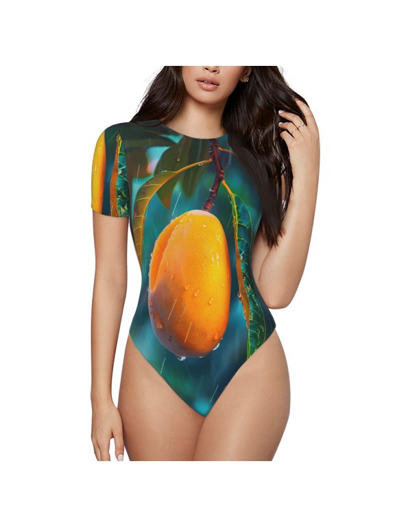 Mango In The Rain for Women's Round Neck Short-sleeved Onesie Basic Bodysuits-Medium