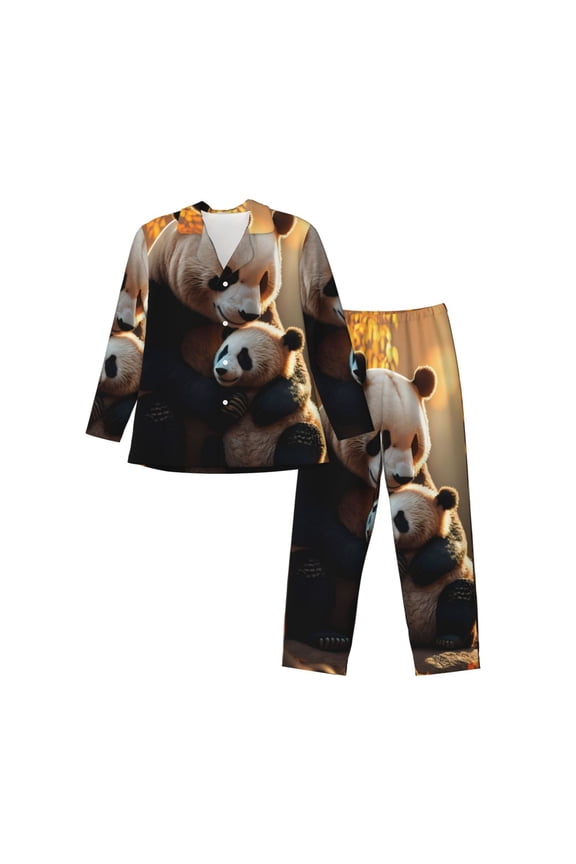 Maple Forest Panda for Men's Pajama Sets 2 Piece Pjs Men's Long-Sleeved Pajama Set Button Down Sleepwear,S-XXL-X-Large