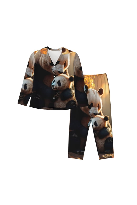 Maple Forest Panda for Women's Pajama Sets 2 Piece Pjs Women's Long-Sleeved Pajama Set Button Down Sleepwear,S-XXL-Large