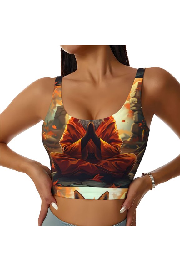 Maple Leaf Meditating Fox for Women's Sports Vest with Full-Print Design, Stretchy Fabric and Removable Pads-Medium