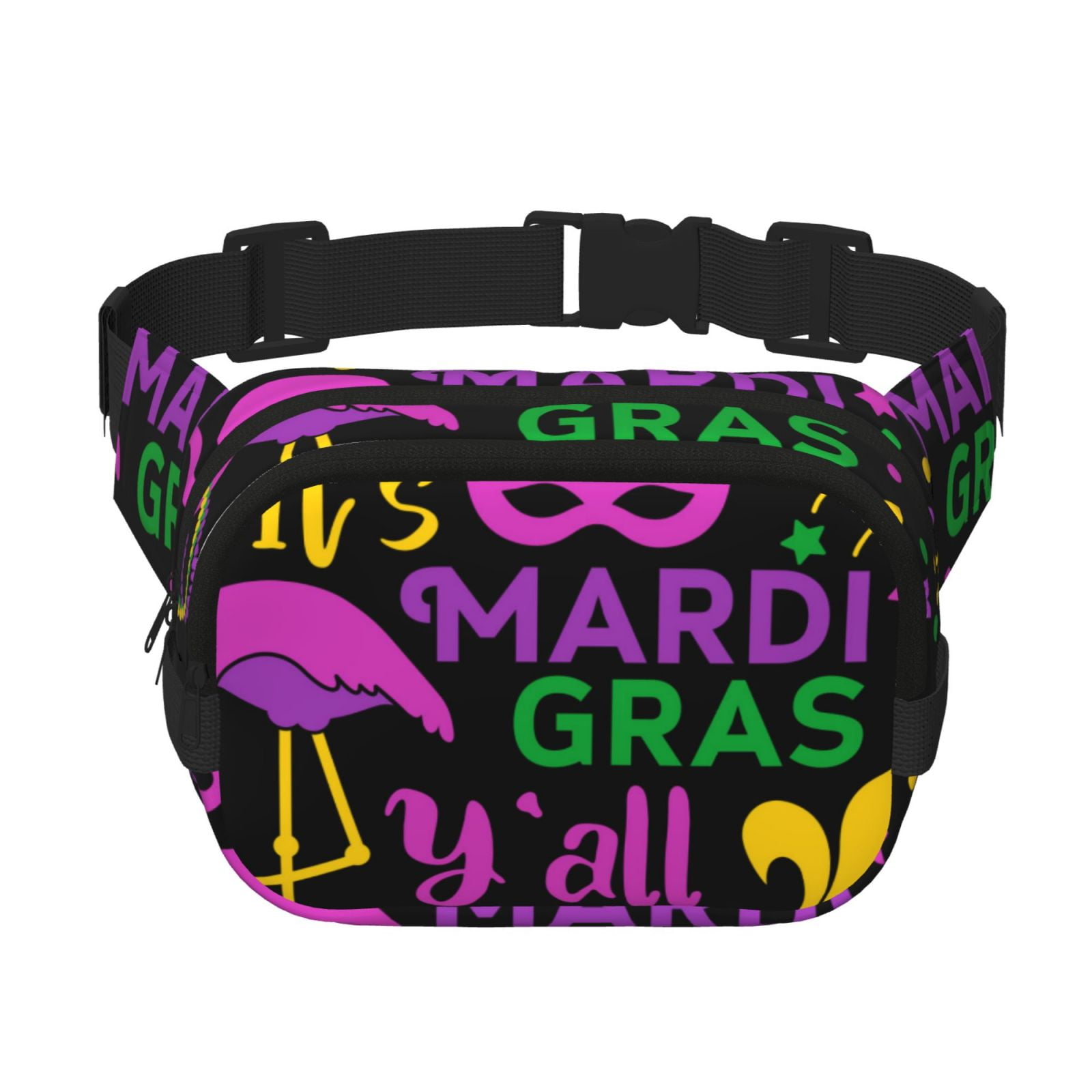 Hirioo Mardi Gras with Flamingo for Double Layer Waist Bag Adjustable Fanny Pack For Travel Running Hiking