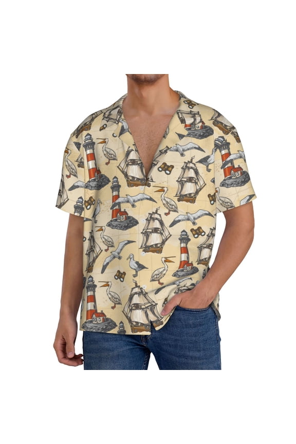 Marine Birds And Coastal Lighthouse for Men's Cuban Collar Short Sleeve Shirt Button Down Shirt Beach Summer Shirts Wedding Vacation Shirts-Large