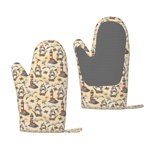 Hirioo Marine Birds And Coastal Lighthouse for Silicone Oven Mitts for BBQ, Baking, Cooking, Set of 2, Heat Resistant 260, Non-Slip Kitchen Essentials