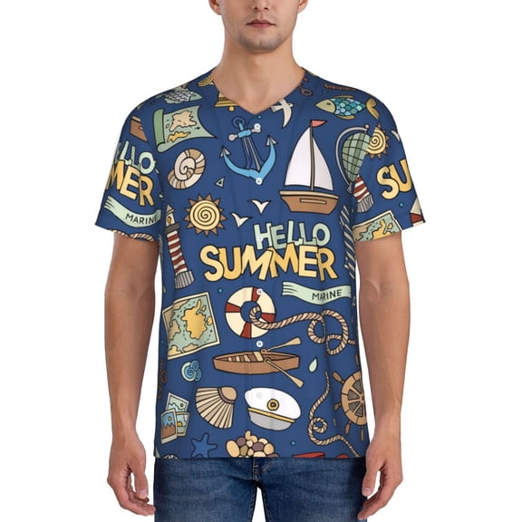 Hirioo Marine Nautical for Men's Baseball T-shirt Shirts Short Sleeve Casual Summer Button Stretch T Shirts,Size S-4XL-3X-Large