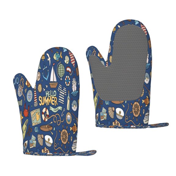 Hirioo Marine Nautical for Silicone Oven Mitts for BBQ, Baking, Cooking, Set of 2, Heat Resistant 260, Non-Slip Kitchen Essentials