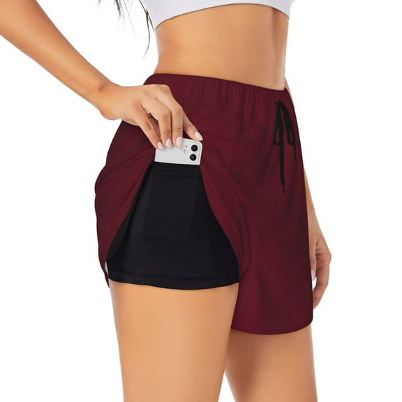 Hirioo Maroon for Women's Double Layer Athletic Shorts High-Performance Gym Shorts with Inner Pocket, Elastic Waistband-X-Large