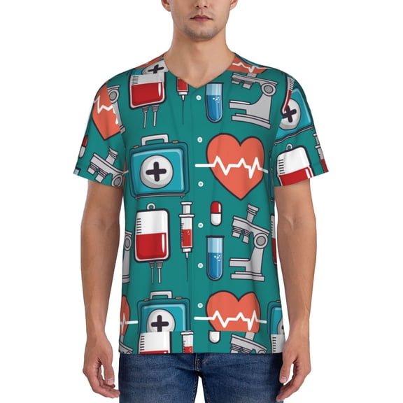 Hirioo Medical Elements for Men's Baseball T-shirt Shirts Short Sleeve Casual Summer Button Stretch T Shirts,Size S-4XL-X-Large