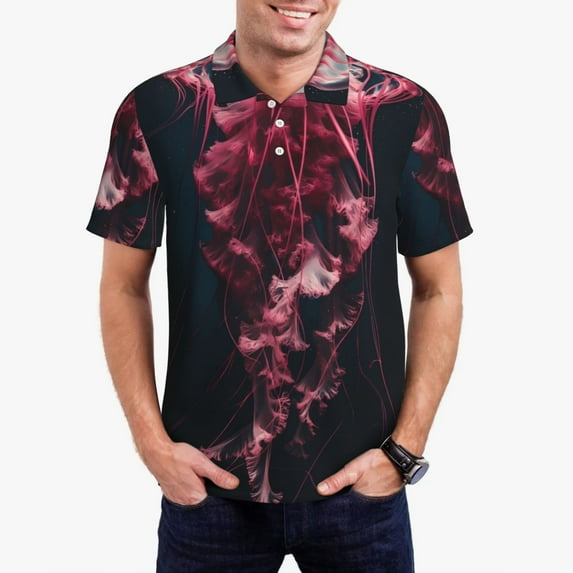 Hirioo Mesmerizing Pink Jellyfish for Men’s Polo Shirts Quick Dry Short Sleeve Golf T Shirt Performance Moisture Wicking Casual Workout,Sizes S-4XL-XX-Large