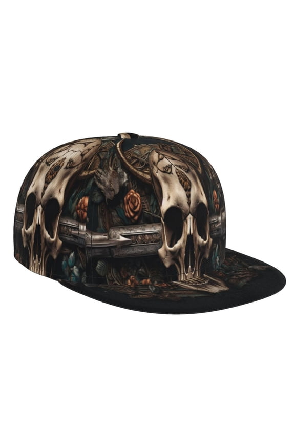 Metal Style Horned Skull for Baseball Cap Men Cap Flat Brim for Men Women Teens Adjustable Baseball Cap