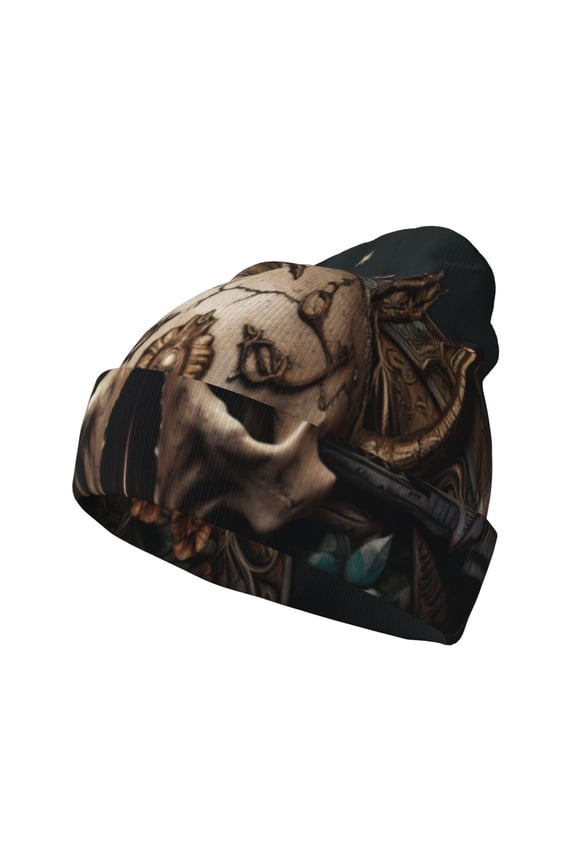 Metal Style Horned Skull for Men's Knit Cuffed Beanie for Outdoor Activities Unisex