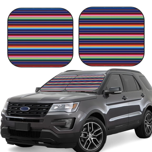 Hirioo Mexican Blanket stripes for 2PCS Windshield Sun Shade Foldable | Front Windshield Shade for Sun, Heat and UV Rays-Medium