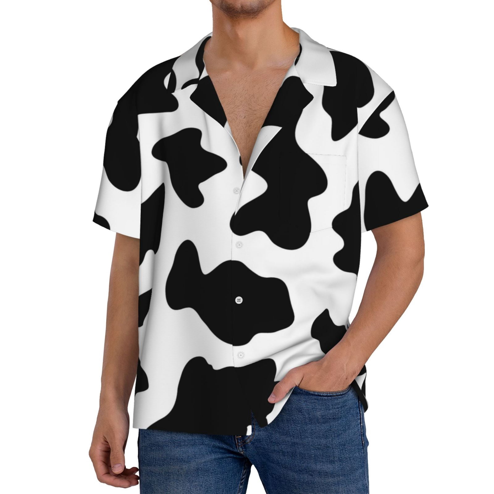 Black And Blue Cow Print Men's Short Sleeve Shirt