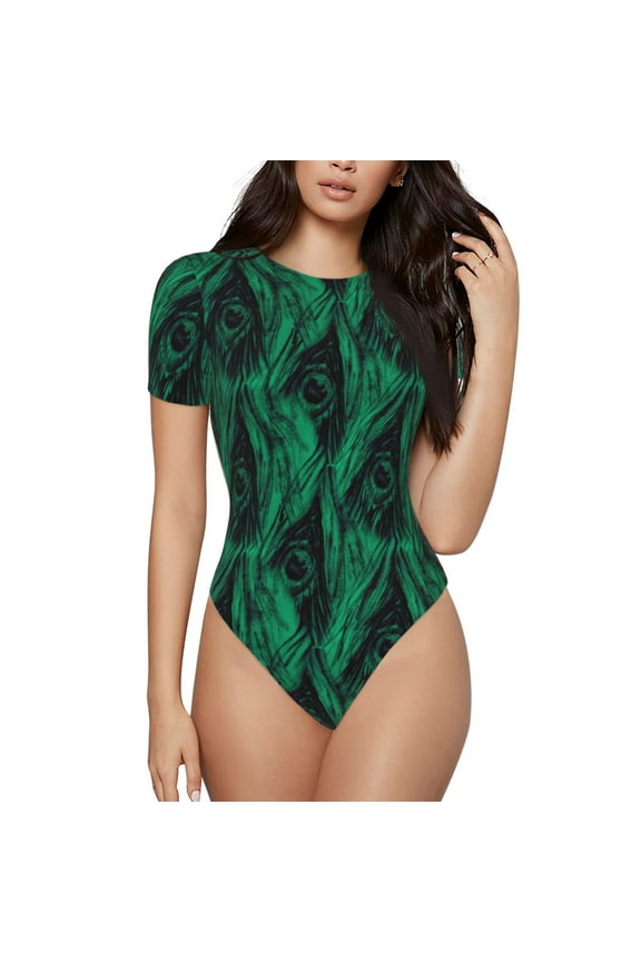 Mint Bird Feathers for Women's Round Neck Short-sleeved Onesie Basic Bodysuits-Medium
