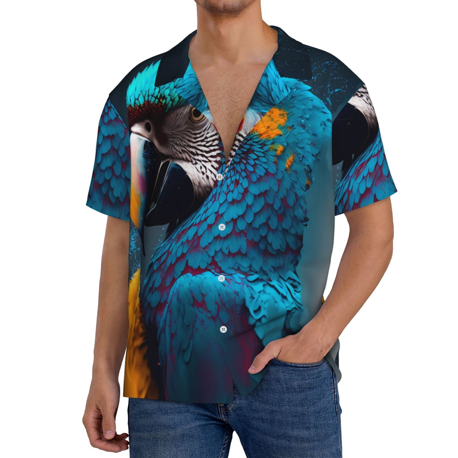 Hirioo Modern Style Blue Parrot for Men's Cuban Collar Short Sleeve ...