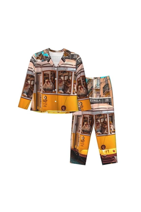 Modern Urban Monkey for Women's Pajama Sets 2 Piece Pjs Women's Long-Sleeved Pajama Set Button Down Sleepwear,S-XXL-Large