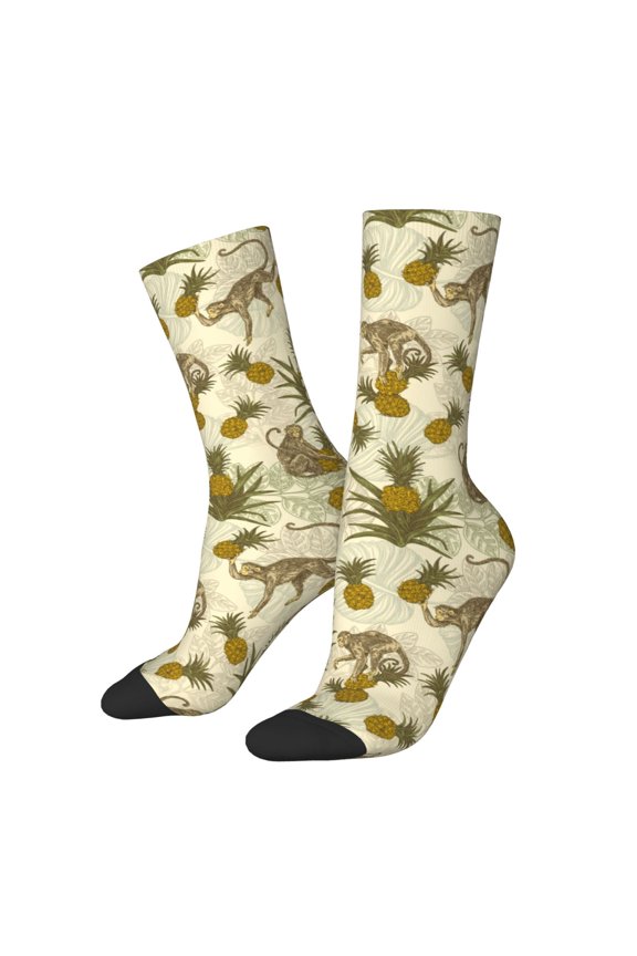 Monkeys and Pinealpples Pattern Adult Middle Tube Socks Breathable Sock Non-Pilling,Contrasting Color Design