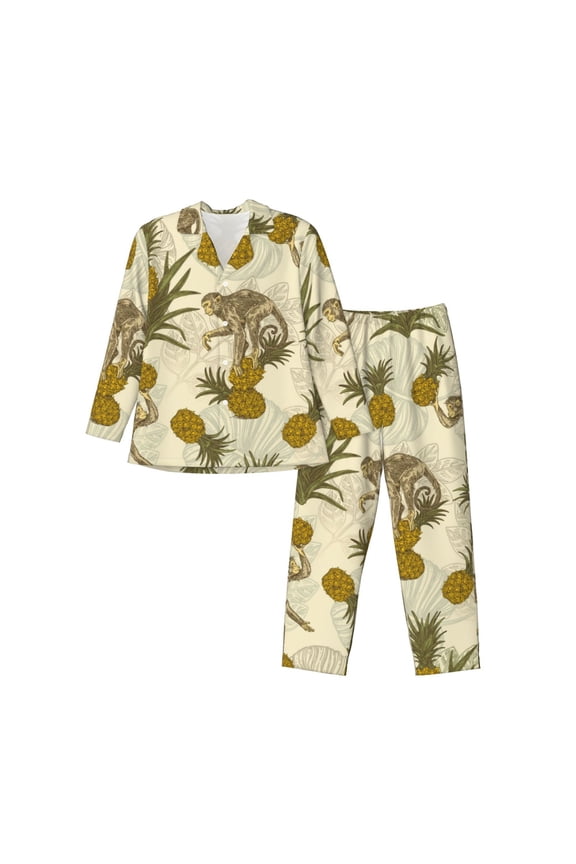 Monkeys and Pinealpples for Men's Pajama Sets 2 Piece Pjs Men's Long-Sleeved Pajama Set Button Down Sleepwear,S-XXL-Medium