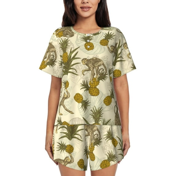 Hirioo Monkeys and Pinealpples for Women's 2 Piece Short-Sleeved Pajama PJ Sets for Women Shorts with Pockets Womens Lounge Set-Large