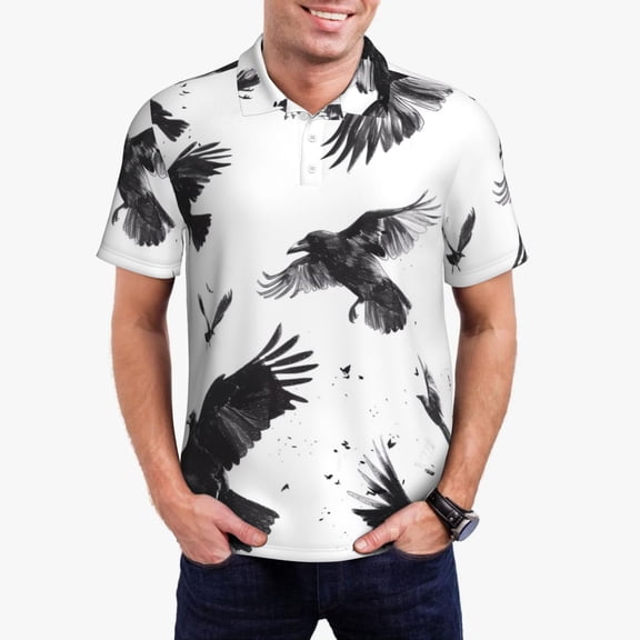 Hirioo Monochrome Flying Ravens for Men’s Polo Shirts Quick Dry Short Sleeve Golf T Shirt Performance Moisture Wicking Casual Workout,Sizes S-4XL-3X-Large