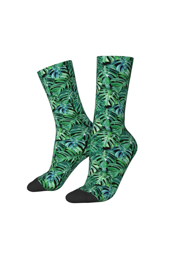 Monstera Leaves Pattern Adult Middle Tube Socks Breathable Sock Non-Pilling,Contrasting Color Design