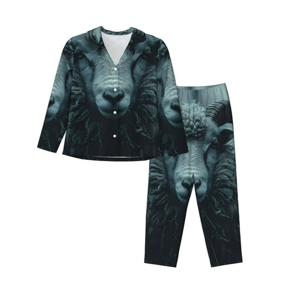 Hirioo Moody Ram Portrait for Women's Pajama Sets 2 Piece Pjs Women's Long-Sleeved Pajama Set Button Down Sleepwear,S-XXL-Large