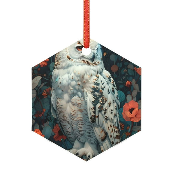 Hirioo Moon Flower White Owl for Acrylic Christmas Pendant Hanging Christmas Tree Ornaments, Car, Home, Office Gift Decor-Hexagon