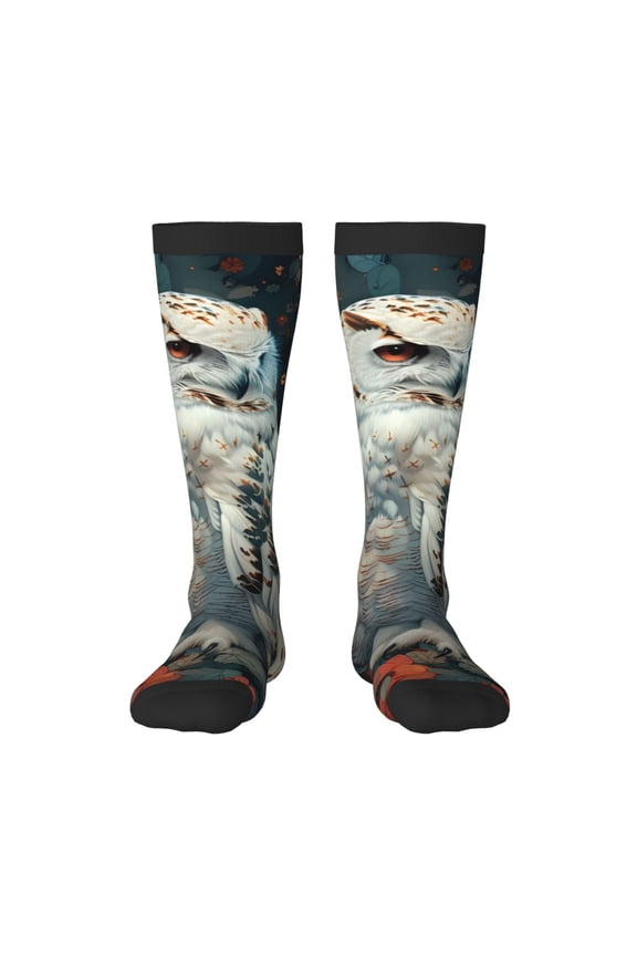 Moon Flower White Owl for Adult Stockings Breathable Sock Non-Pilling,Contrasting Color Design