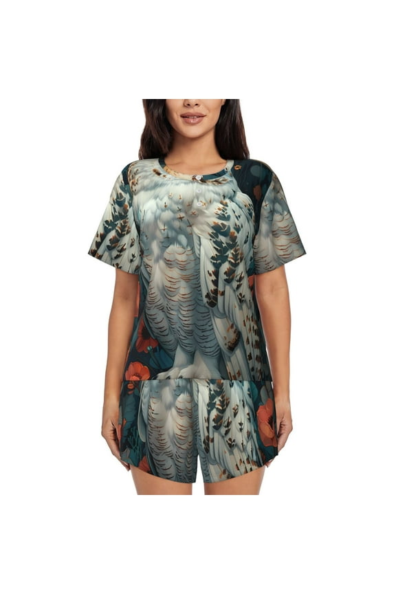 Moon Flower White Owl for Women's 2 Piece Short-Sleeved Pajama PJ Sets for Women Shorts with Pockets Womens Lounge Set-