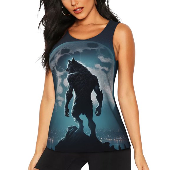 Hirioo Moon Wolf Warrior for Women's Workout Tank Top Sleeveless Workout Tops Athletic Gym Shirts-Medium