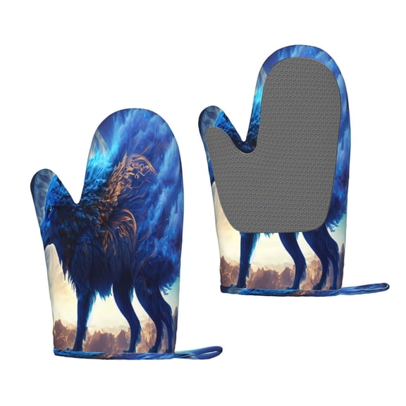 Hirioo Moonlit Blue Wolf for Silicone Oven Mitts for BBQ, Baking, Cooking, Set of 2, Heat Resistant 260, Non-Slip Kitchen Essentials