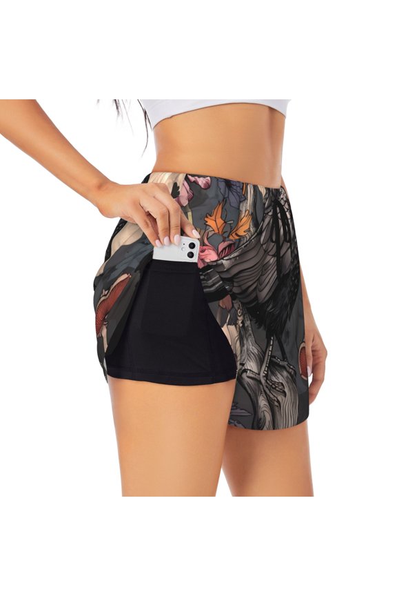 Moonlit Crow Blossoms for Women's Double Layer Athletic Shorts High-Performance Gym Shorts with Inner Pocket, Elastic Waistband-X-Large