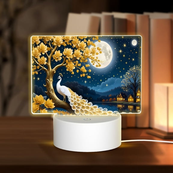 Hirioo Moonlit Golden Tree Peacock for Rectangular Acrylic with Night Light Best Gifts for Lover Girl Mom, Valentine's Day Anniversary Birthday Wedding Present
