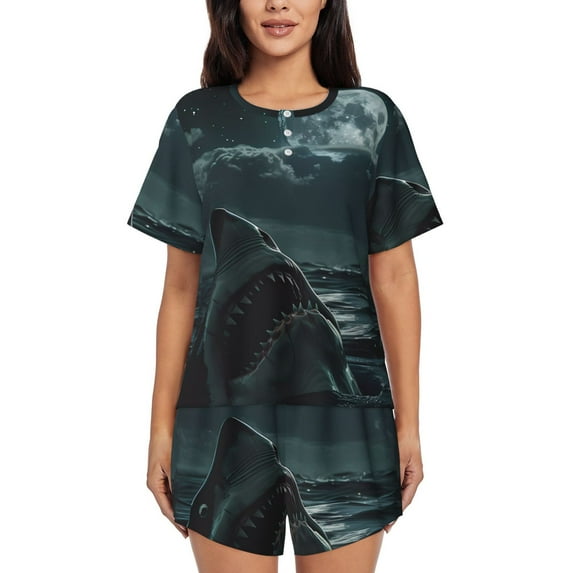 Hirioo Moonlit Night Sky Shark for Women's 2 Piece Short-Sleeved Pajama PJ Sets for Women Shorts with Pockets Womens Lounge Set-Large