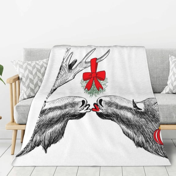 Hirioo Moose Kissing Under Mistletoe for Flannel Blanket, Cozy and Warm Throw for Bed or Couch ,Perfect for All Seasons-60"x50"