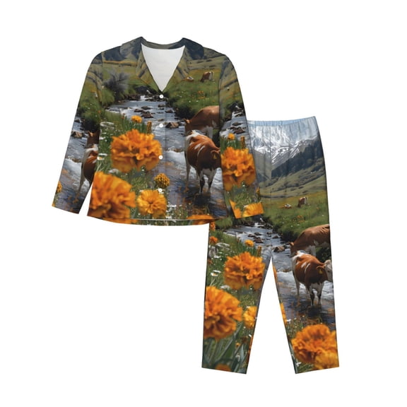 Hirioo Mountain Cows Flower Stream for Women's Pajama Sets 2 Piece Pjs Women's Long-Sleeved Pajama Set Button Down Sleepwear,S-XXL-Large