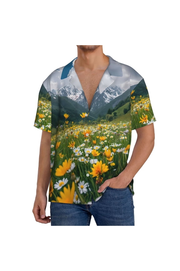 Mountain Daisy Meadow for Men's Cuban Collar Short Sleeve Shirt Button Down Shirt Beach Summer Shirts Wedding Vacation Shirts-X-Large