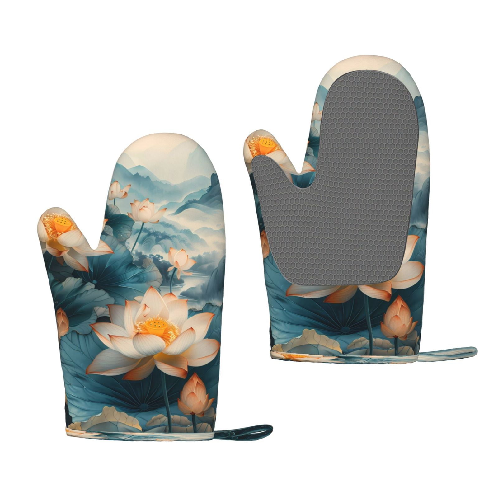 Hirioo Mountain Lotus Serenity for Silicone Oven Mitts for BBQ, Baking, Cooking, Set of 2, Heat Resistant 260℃, Non-Slip Kitchen Essentials